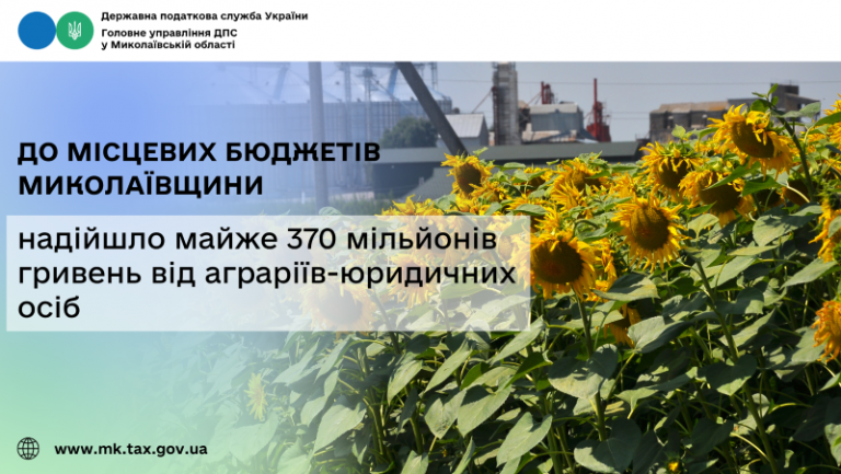 До місцевих бюджетів Миколаївщини надійшло майже 370 мільйонів гривень від аграріїв-юридичних осіб